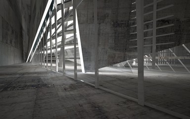 Empty dark abstract concrete room interior with blue glass. Architectural background. Night view of the illuminated. 3D illustration and rendering