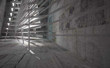 Empty dark abstract concrete room interior with blue glass. Architectural background. Night view of the illuminated. 3D illustration and rendering