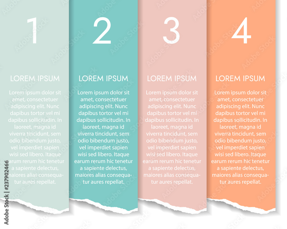 Poster set of four color vertical infographics of torn paper with numbers and text, banner isolated on whit
