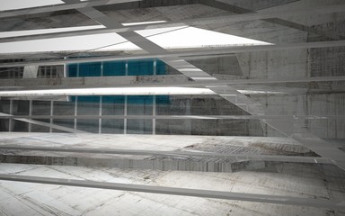 Empty dark abstract concrete room interior with blue glass. Architectural background. Night view of the illuminated. 3D illustration and rendering