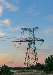 High-voltage power lines. Electricity distribution station. high voltage electric transmission...