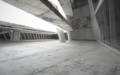 Empty dark abstract concrete room interior with blue glass. Architectural background. Night view of the illuminated. 3D illustration and rendering