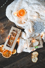 Christmas - a group of gifts on the background of garlands. close-up