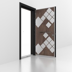 Metal door with wall. 3D rendering. 3D illustration