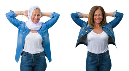 Obraz premium Collage of beautiful middle age arab woman over isolated background Relaxing and stretching with arms and hands behind head and neck, smiling happy