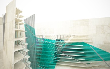 Abstract interior of blue glass and concrete. Architectural background. 3D illustration and rendering 