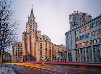 Garden Ring avenue by the Red Gates area. Gray building of Russian Railways company. The building...