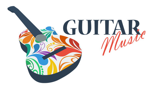 Musical logo. Silhouette of a guitar made from floral pattern. Bright juicy colors. The concept of classical music. Beautiful swirls. Spanish musical instrument. Flamenco.