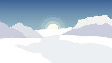 Snow winter sky background with hills, mountains and sun. Vector illustration.