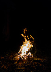 Fireplace with fire, firewoods and coal in the night, nature hiking photo