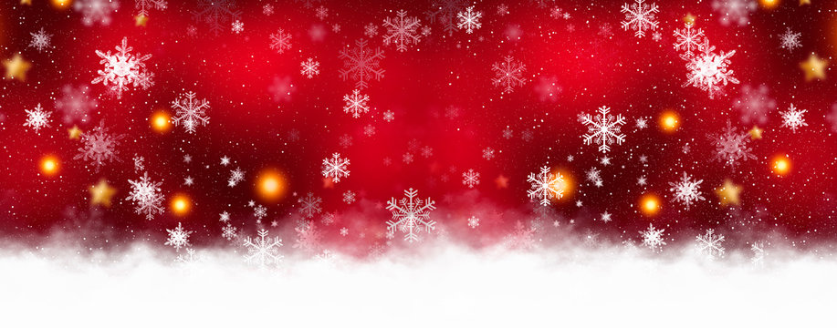 Red sparkling background with stars and snowflakes, the magical atmosphere of the Christmas holidays. Red bokeh background with snowflakes. Empty winter background, snowy, celebratory, sparks and star