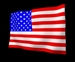 Waving flag of the United States of America on black background. Stars and Stripes. State symbol of the USA. 3D illustration