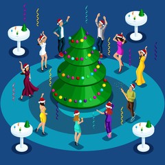 Isometry is a New Year's party. Corporate dancing 3D girls and men dancing, disco, Christmas holiday decorated Christmas tree, staff