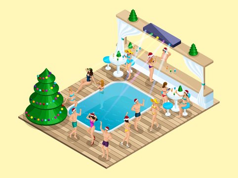 Isometry New Year party on the beach, 3D girls dance, disco, Ibiza, disco in the hotel at the pool, holiday christmas decorated Christmas tree