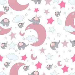 Baby texture background with cartoon elephants, clouds, stars and moon