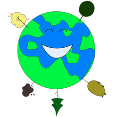 Cartoon earth planet with trees, smile, ecology
