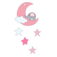Cartoon elephant sleep on the moon, colorful stars