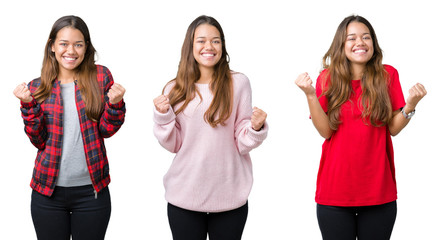 Collage of beautiful young woman over isolated background celebrating surprised and amazed for success with arms raised and open eyes. Winner concept.