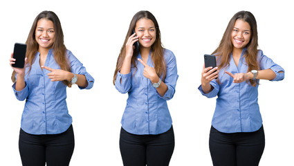 Collage of beautiful young business woman using smartphone over isolated background very happy pointing with hand and finger