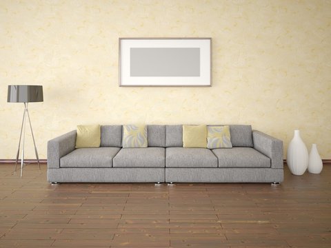 Mock up a stylish living room with a comfortable large sofa and fashionable decorative plaster.