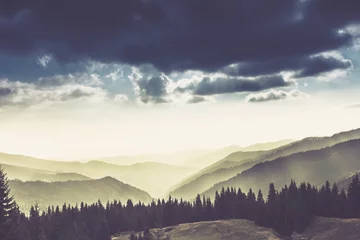Poster Majestueus landschap van zomerbergen. Uitzicht op de mistige hellingen van de bergen in de verte. Ochtend mistige naaldbos heuvels in mist en stralen van zonlicht. Reizen achtergrond. © vovik_mar