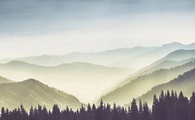 Fototapeten Majestätische Landschaft der Sommerberge. Ein Blick auf die nebligen Hänge der Berge in der Ferne. Morgens neblige Nadelwaldhügel im Nebel und Sonnenstrahlen. Reisehintergrund. © vovik_mar