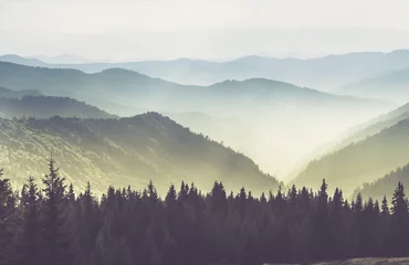Fotobehang Heuvel Majestueus landschap van zomerbergen. Uitzicht op de mistige hellingen van de bergen in de verte. Ochtend mistige naaldbos heuvels in mist en stralen van zonlicht. Reizen achtergrond.