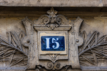 Numéro 15, plaque de numérotation d'immeuble, style français, Paris, France