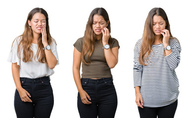Obraz premium Collage of beautiful young woman over isolated background touching mouth with hand with painful expression because of toothache or dental illness on teeth. Dentist concept.