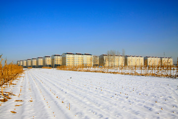 Urban landscape, buildings in the snow