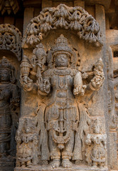 Artistic stone sculptures and Carvings of Hindu Goddesses and Goda at Somanathapura temple in Karnataka, India