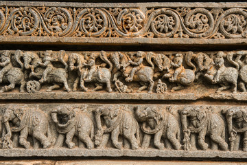 Artistic stone sculptures and Carvings of Hindu Goddesses and Goda at Somanathapura temple in Karnataka, India