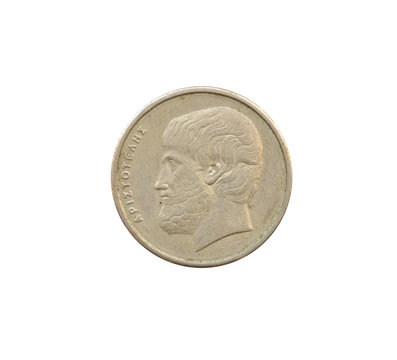 Obverse of 5 Drachma coin made by Greece, that shows The portrait of Aristotle