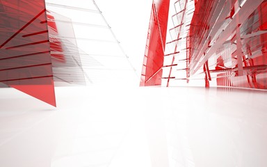 abstract architectural interior with red  glass sculpture . 3D illustration and rendering