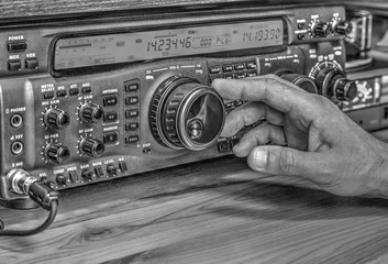 Modern high frequency radio amateur transceiver in black and white