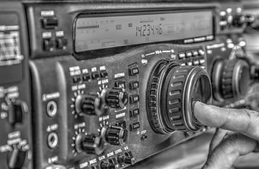 Modern high frequency radio amateur transceiver in black and white