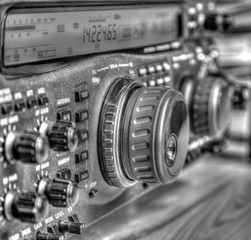 Fototapeta na wymiar Modern high frequency radio amateur transceiver in black and white