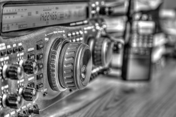 Modern high frequency radio amateur transceiver in black and white