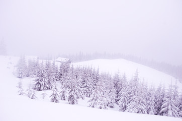 Snowy houses in the mountains. Snowfall in the mountains.