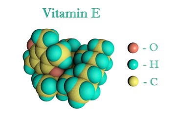 Molecular model of vitamin E, alpha-tocopherol. Scientific background. 3d illustration