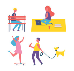 Man Walking Pet Dog Icons Vector Illustration
