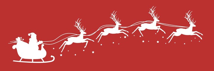 Санта Клаус летит в санях с оленями