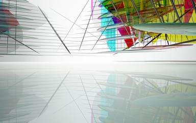 abstract architectural white interior with colored smooth glass gradient sculpture. 3D illustration and rendering