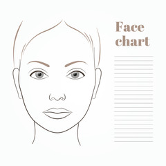 Face chart for makeup artist. Template page. Vector illustration. For notes.