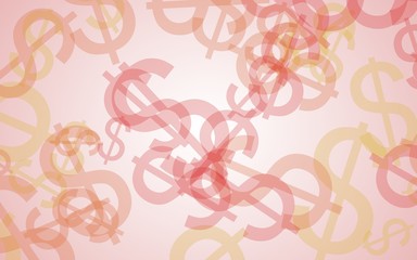 Multicolored translucent dollar signs on white background. Orange tones. 3D illustration