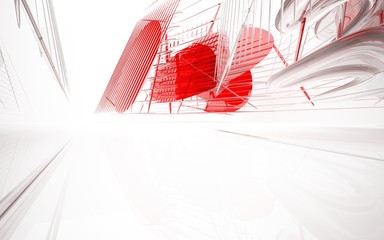 Naklejka premium Abstract dynamic interior with red glass smooth objects. 3D illustration and rendering