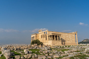 The Caryatid Porch visible as part of the ancient Erechtheion Temple in the Acropolis, in Athens,...