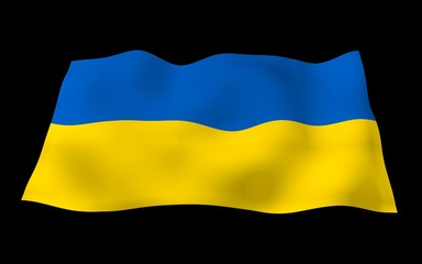 The flag of Ukraine on black background. National flag and state ensign. Blue and yellow bicolour. 3D illustration waving flag