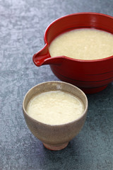 homemade Amazake, Japanese traditional sweet drink made from rice koji.
