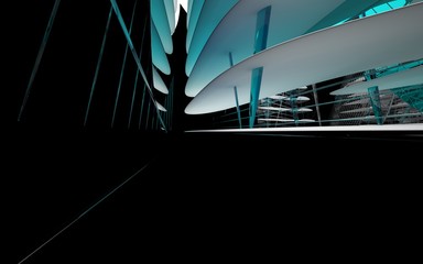 Abstract dynamic interior with white smooth objects and blue glass in black room . 3D illustration and rendering